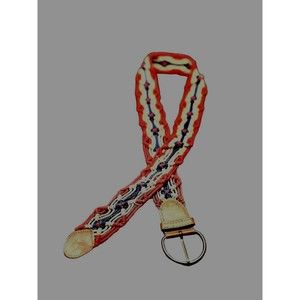 Y2K Women Crochet Braid Wide Belt 42" Red Multi Boho Hippie Round Buckle Leather